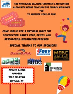 National Night Out Flyer. The NBTA, along with Mt Olive Baptist Church, welcomes you to another year of fun! Come join us for a national night our celebration. Games, food, prizes, and resourceful information provided. Includes carnival graphics and logos for the sponsors. See event info for date, time, and location info.