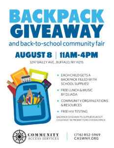 Backpack Giveaway flyer. Each child gets a backpack filled with school supplies (child must be present to receive, while supplies last). Free lunch & music by DJ Jada. Comunity organizations and resources. Free HIV testing. See event details for date, time, location.