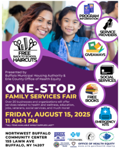 Flyer for One-Stop Family Services Fair. Free back-to-school haircuts, program info, service providers, giveaways, social services, free books, emergency kits. See event details for date, time, location, and sponsors,