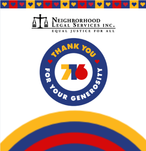 NLS logo and Give 716 "Thank you" badge with decorative blue, red, and yellow hearts. "Thank you for your generosity."