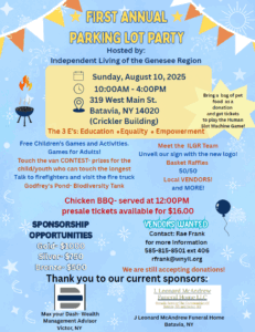 Event flyer for the Independent Living parking lot party. Reach out at 585.815.8501 for more info!