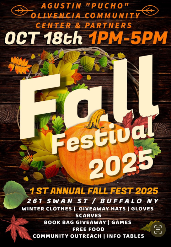 Agustin Pucho Olivencia Community Center & Partners Fall Festival 2025 flyer. October 18, 1-5. 261 Swan St, Buffalo.