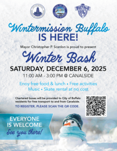 Wintermission Buffalo flyer with snow and snowman image in background. Includes logos for the City of Buffalo, the Division of Citizens Services, and the Bufalo Police Department. See event posting for details. 