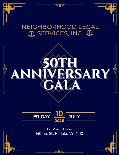 NLS 50th anniversary gala on blue background with art deco design. Friday July 10th, 2026. The Powerhouse, Buffalo.