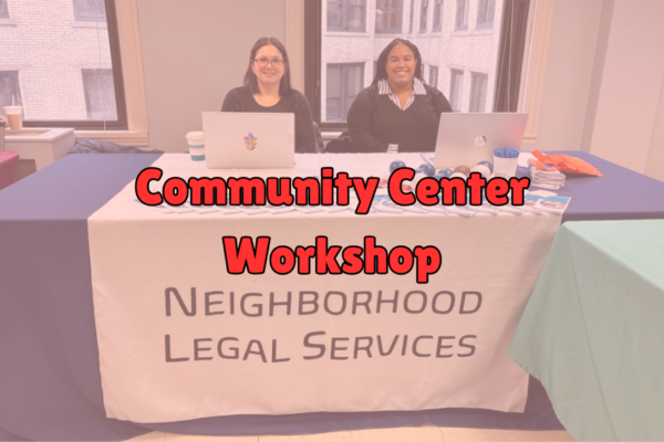 Community Center Workshop with background image of NLS team at the tabling event.