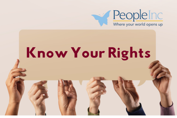 Hands holding a sign that says, Know Your Rights, with the People Inc logo.