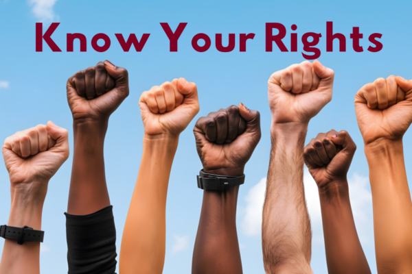 Hands raised up in the power pose with the words "Know Your Rights"