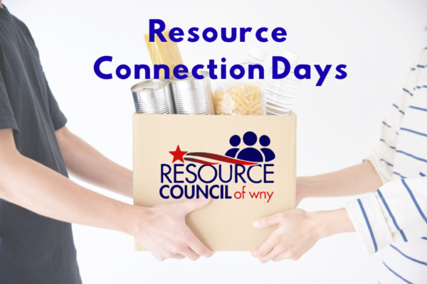 Two people holding a box of food with the words Resource Connection Days.