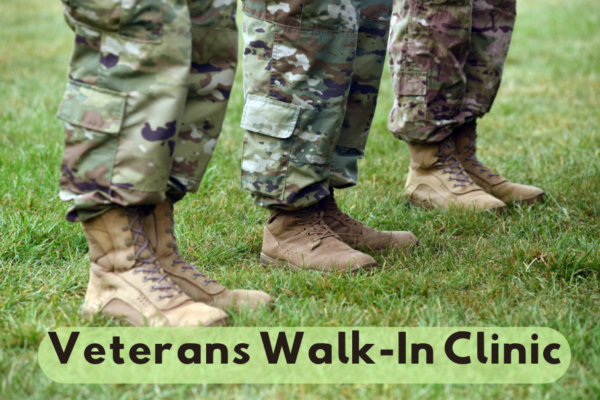 Veterans Walk-In Clinic with image of soldiers in boots and fatigues.