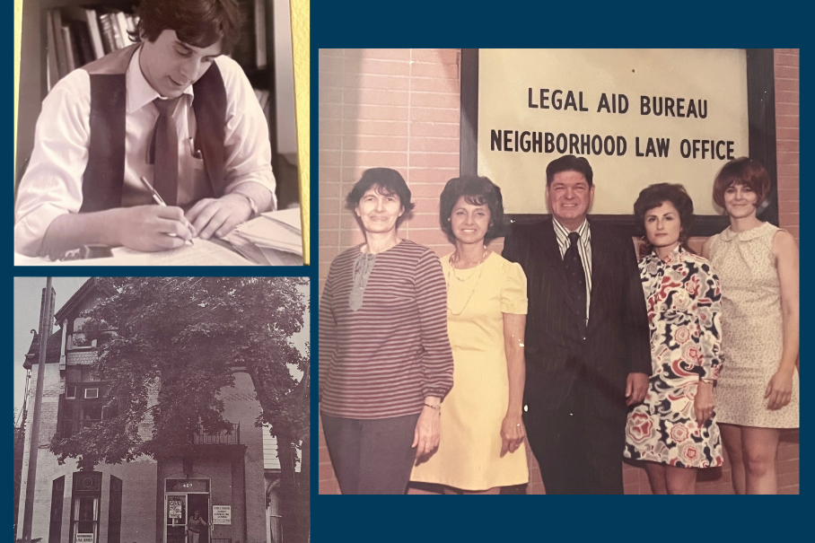 Collage of three vintage photos. Top left is a man in a suit looking down at paperwork. Bottom left is the Niagara St office of NLS in the 1970s. The right has a group photo of the NLS team back when we were part of the Legal Aid of Buffalo, pre-1976.