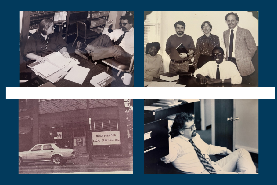 Collage of four photos. Top left is a man and woman sitting across a desk talking. Bottom left is the Lackawanna office of NLS in the 1970s. Top right is a group shot of the NLS team in the 1980s. Bottom right is one of our supervising attorneys from the 1980s sitting in a chair.
