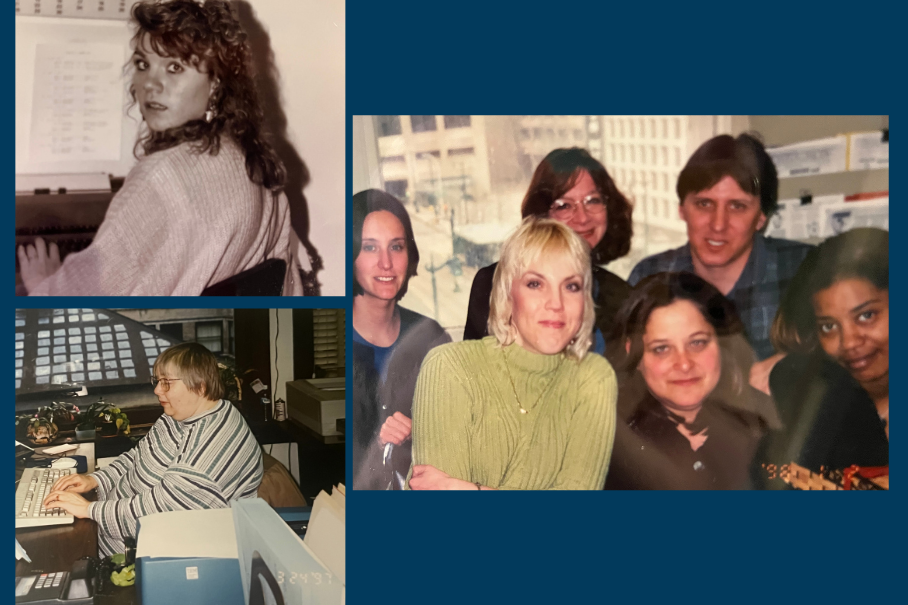 Collage of 3 photos. Top left is a woman turning away from her computer in the 1990s. Bottom left is a woman on her computer in the 2010s. On the right is a group shot of the team from the 1990s.