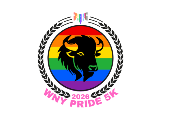 WNY Pride 5K 2026. WNY Pride logo at the top of a black circle. Inside the circle are rainbow stripes and a black bison.