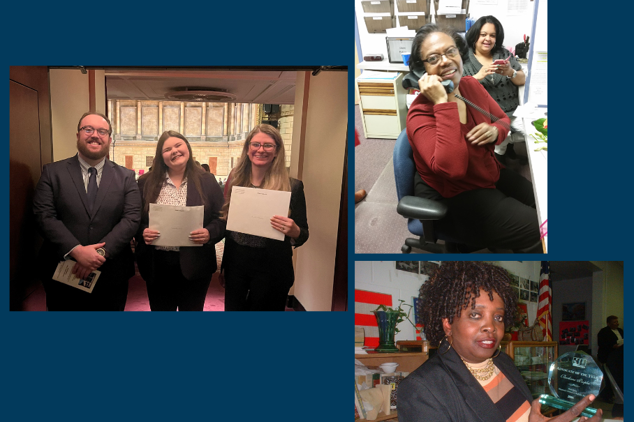 Thre photos: left is a group of three new attorneys being admitted, top right is a legal assistant on the phone and the bottom right is Barbara Peoples accepting an award.