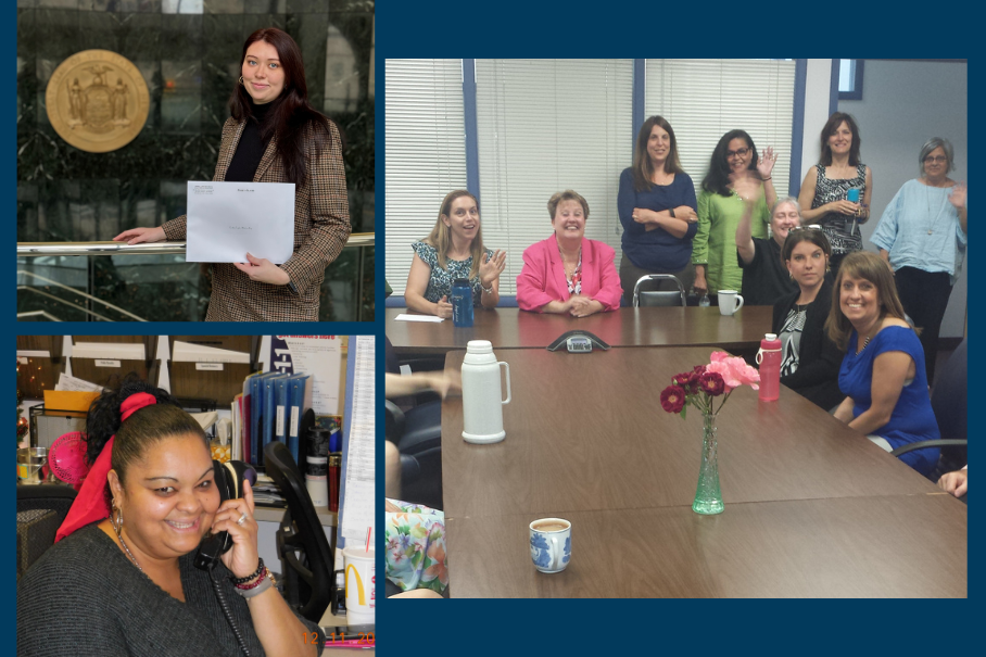 Three photos - top left is a newly admitted lawyer, bottom left is a receptionist answering the phone and the right is a group shot of a staff meeting, all from the 2010s.