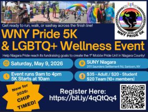 WNY Pride 5k & LGBTQ+ Wellness event flyer. Images from last year's event showing community members walking, running, and standing together, along with the WNY Pride 5K logo. See post for event details.