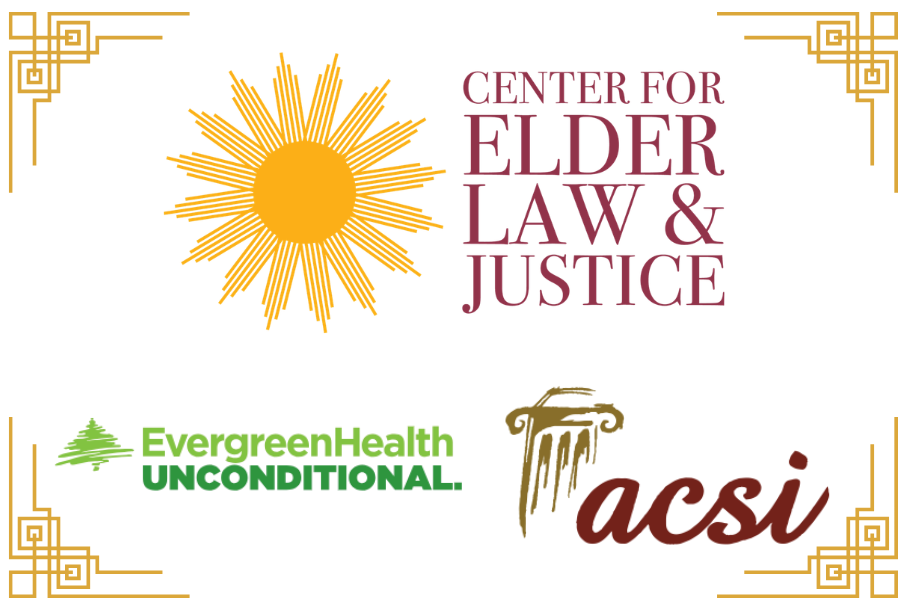 Logos for Center for Elder Law & Justice, Evergreen Health, and ACSI.