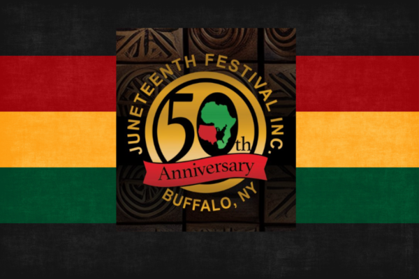 Juneteenth of Buffalo logo over the pan-African flag.