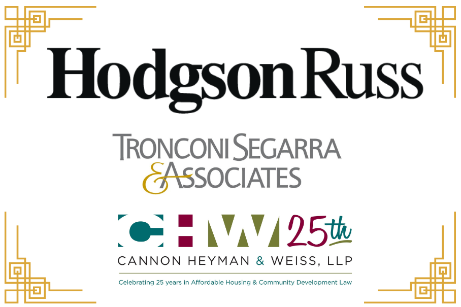 Sponsor logos with gold art deco accents: Hodgson Rus;, Tronconi Segarra & Associates; Cannon Heyman & Weiss LLP.