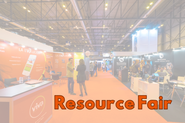 Resource Fair with background image of a tabling event.