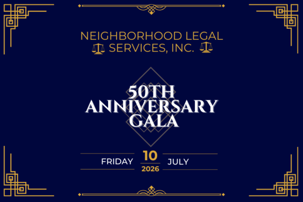 NLS 50th anniversary gala on a blue background with gold accents. Friday July 10th