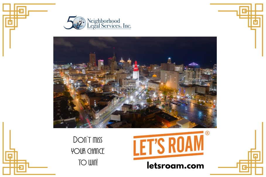 Logos for Let's Roam and NLS. Don't miss your chance to win! Image of Buffalo at night.