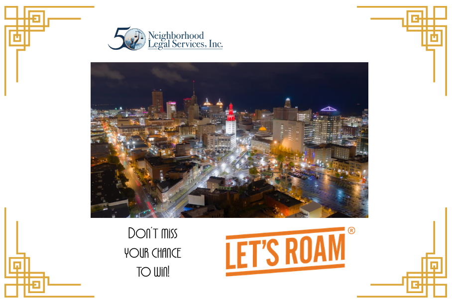 Logos for Let's Roam and NLS. Don't miss your chance to win! Image of Buffalo at night.