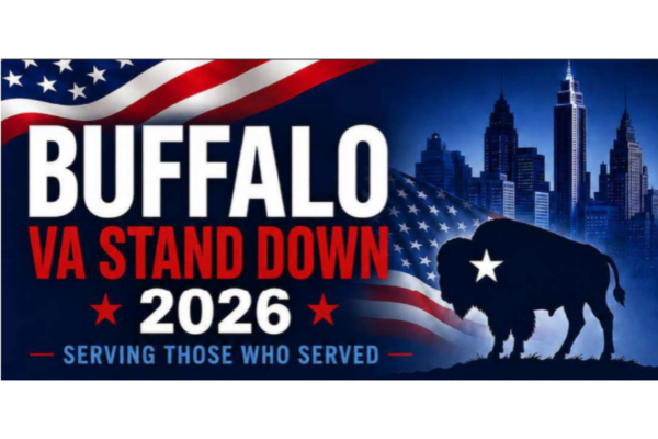 Buffalo VA Stand Down 2026 with Buffalo skyline, a bison, and the American flag. Serving those who served.