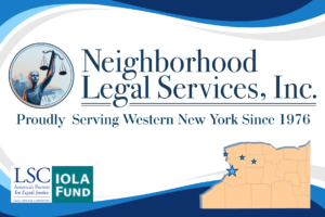 NLS logo with blue wave decorations. Proudly serving WNY since 1976. Funders: LSC and IOLA. Map of NYS with stars indicating our office locations in Buffalo, Niagara Falls, Lockport, and Batavia.