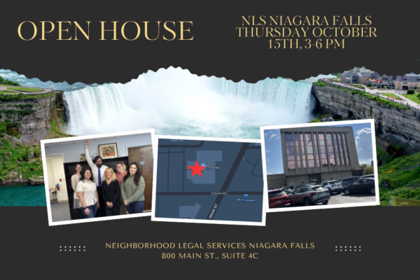 Open House. NLS Niagara Falls, Thursday October 15th, 3-6 PM. Background image of Niagara Falls with three smaller pictures in front of the NLS Niagara Falls team, a map of the office location, and the front of the building. 800 Main St, Suite 4C, Niagara Falls, NY 14301.